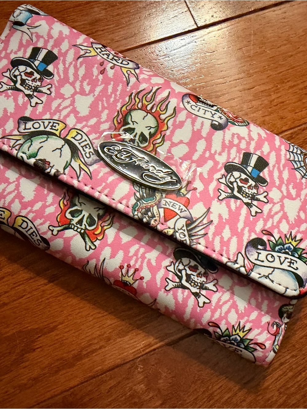 Ed Hardy Y2K Pink Tattoo Print Trifold Wallet, NWT